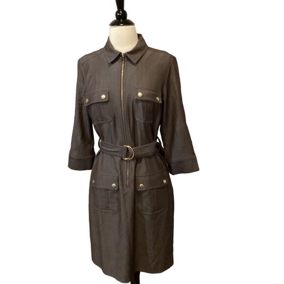 Sharagano Safari Shirt Utility Belted Dress Brown 6 - Picture 4 of 9